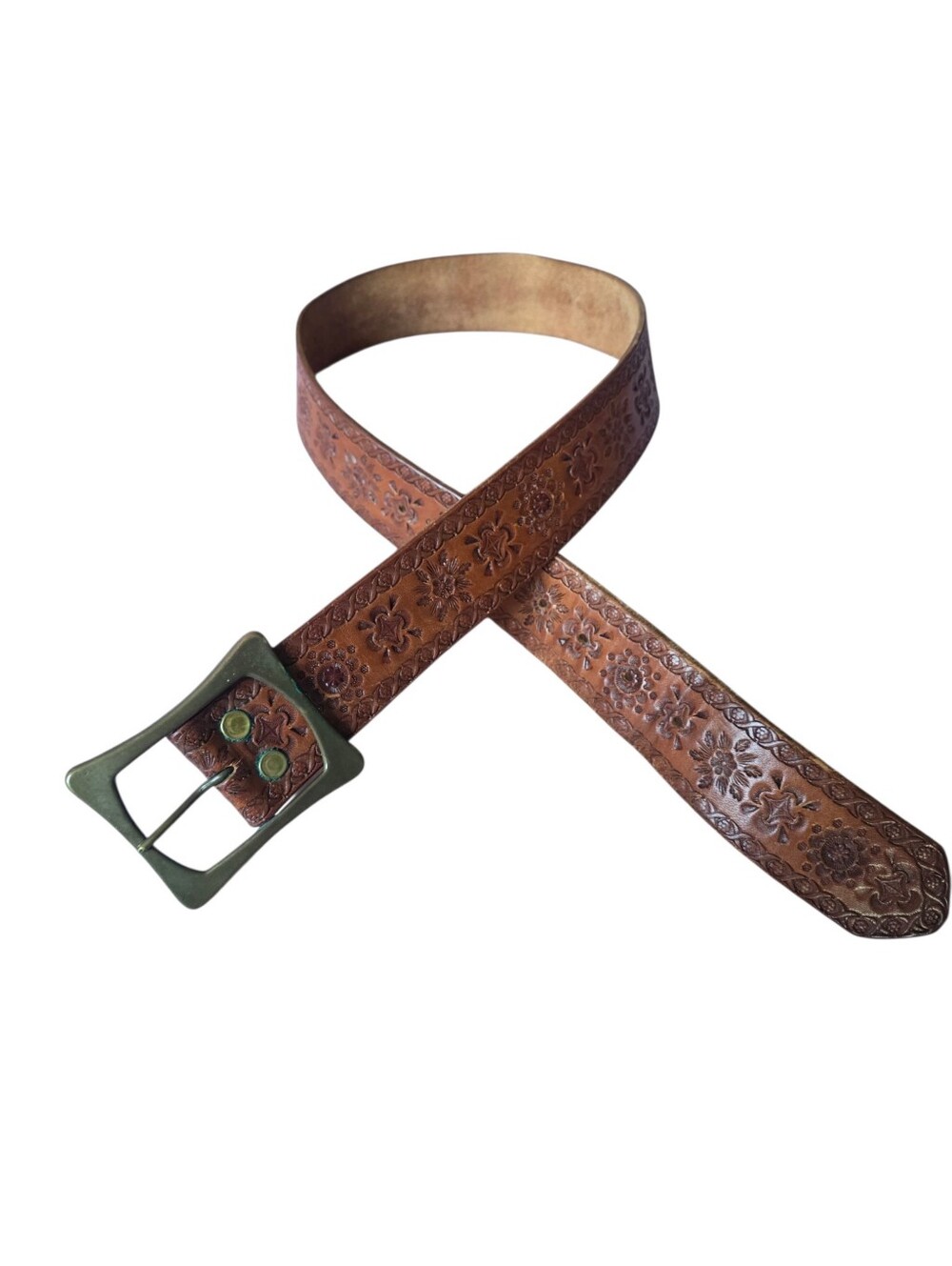 Brown Tooled Leather Belt with Decorative Brass Buckle
